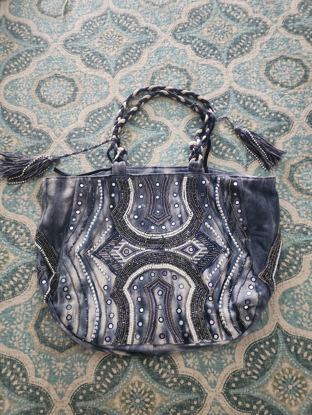 RARE Guadalupe Beaded Embroidered Boho Blue Tie dye Canvas Weekend Tote Bag